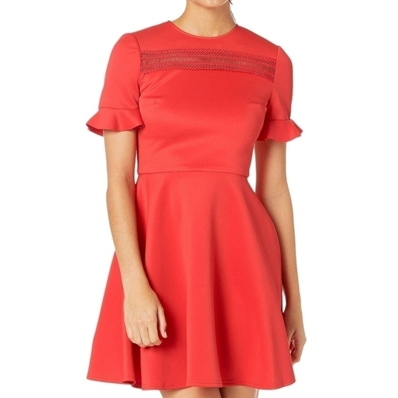 She + Sky | Red A-line Dress with Crochet Lace Detail - Picture 2 of 7